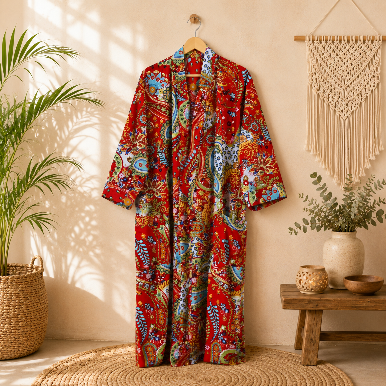Red Multicolor Floral Paisley Long Kimono Robe – Boho Printed Maxi Kimono Jacket for Women - Image 3