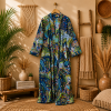 Navy Blue Paisley Print Cotton Long Kimono Robe for Women – Boho Free Size Maxi Kimono with Belt & Pockets - Image 3