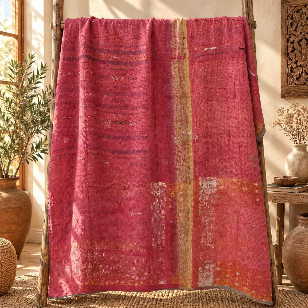 Teal Green & Beige Vintage Kantha Quilt 60 x 90 Inches – Handmade Cotton Patchwork Bedspread – One of a Kind - Image 5