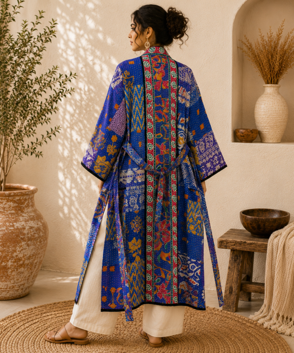 Alternative view of Royal Blue Purple Multicolor Vintage Kantha Long Kimono Robe – Handmade Patchwork Cotton Boho Jacket