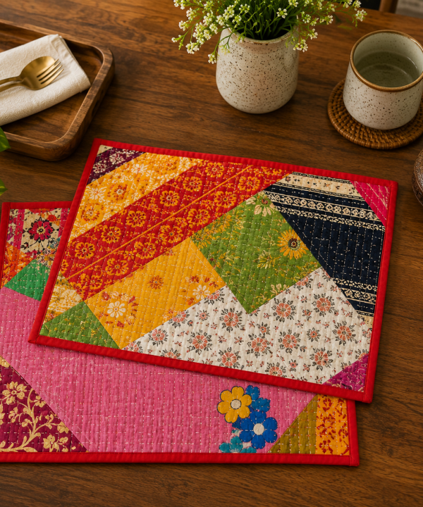 5 Pcs Vintage Kantha Quilted Placemats 13x18 Inches – Recycled Cotton Patchwork Table Mats, Handmade Boho Dining Decor