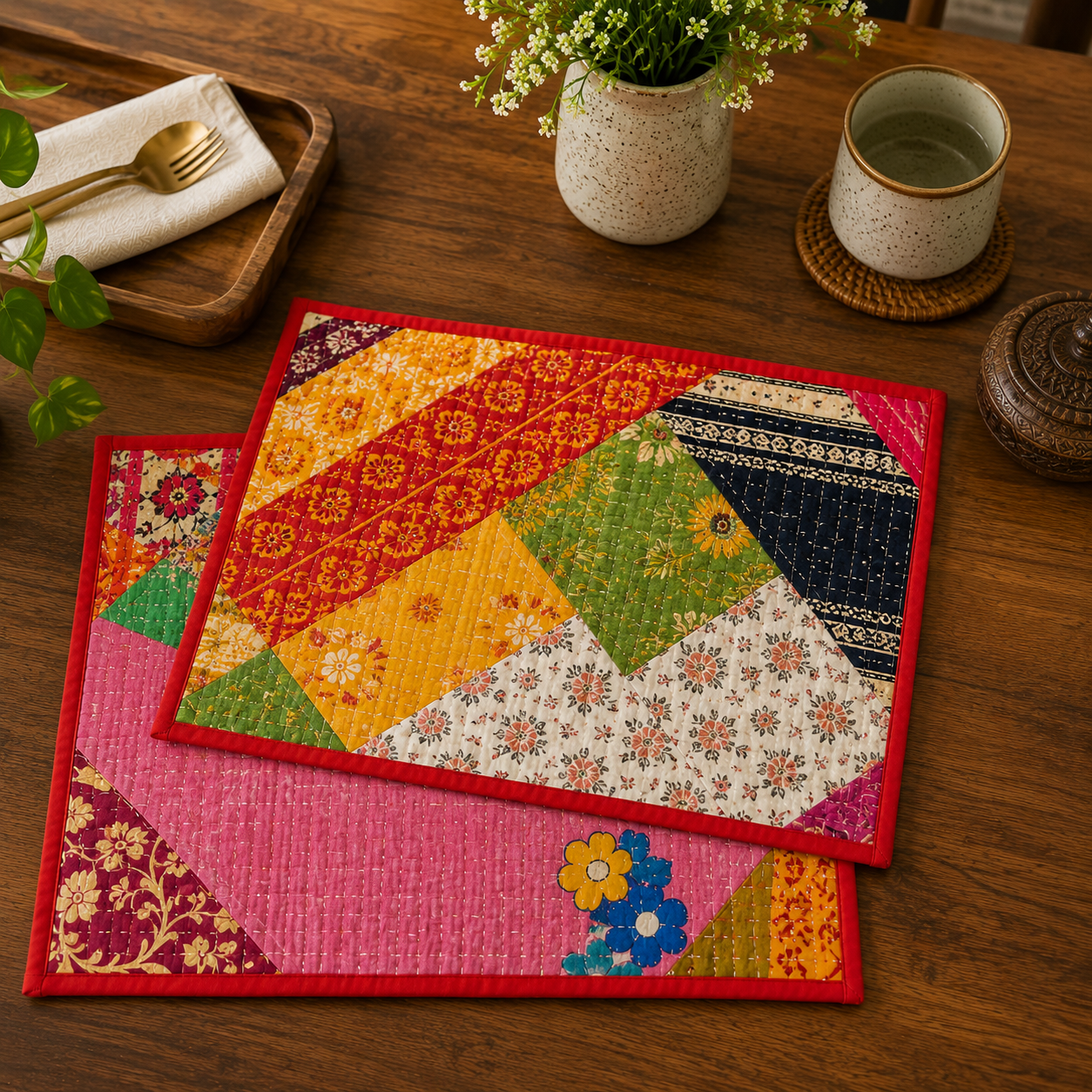 5 Pcs Vintage Kantha Quilted Placemats 13x18 Inches – Recycled Cotton Patchwork Table Mats, Handmade Boho Dining Decor - Image 2