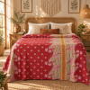 Vintage Handmade Kantha Quilt – Coral Red & Pink Floral Recycled Sari Throw | Reversible Indian Bedspread - Image 2