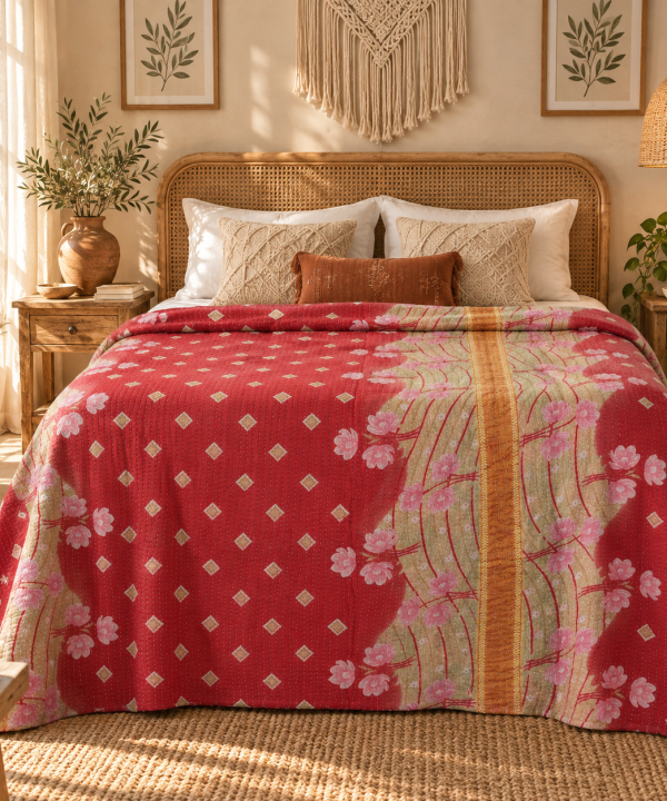 Alternative view of Vintage Handmade Kantha Quilt – Coral Red & Pink Floral Recycled Sari Throw | Reversible Indian Bedspread