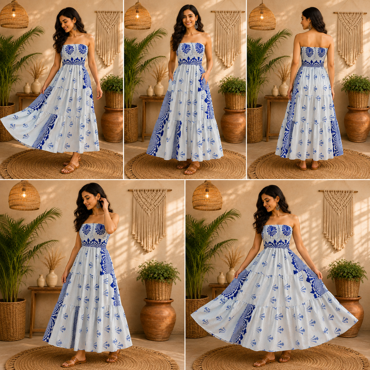 White & Royal Blue Floral Maxi Dress – Strapless Smocked Tiered Boho Summer Dress - Image 6