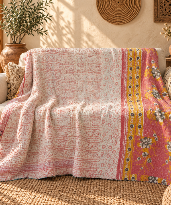 Blush Pink Vintage Kantha Quilt 60 x 90 Inches – Floral Handmade Cotton Bedspread – One of a Kind