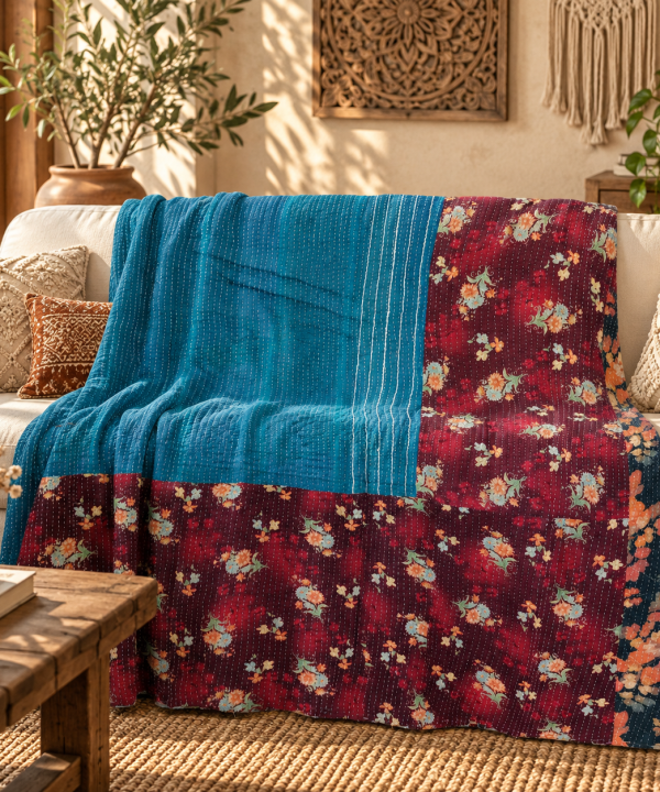 Vintage Handmade Kantha Quilt – Teal Blue & Burgundy Floral Recycled Sari Throw, Reversible Indian Bedspread