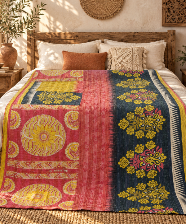 Alternative view of Vintage Red Navy Kantha Quilt – Hand Stitched Floral Cotton Throw 60 x 90 Inches