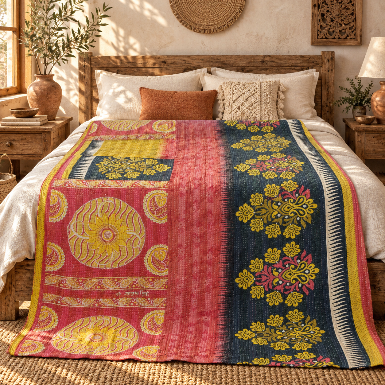 Vintage Red Navy Kantha Quilt – Hand Stitched Floral Cotton Throw 60 x 90 Inches - Image 2