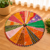 Vintage Kantha Round Floor Cushion Cover – Handmade Patchwork Boho Pouf Cover with Pom Pom Trim - Image 6