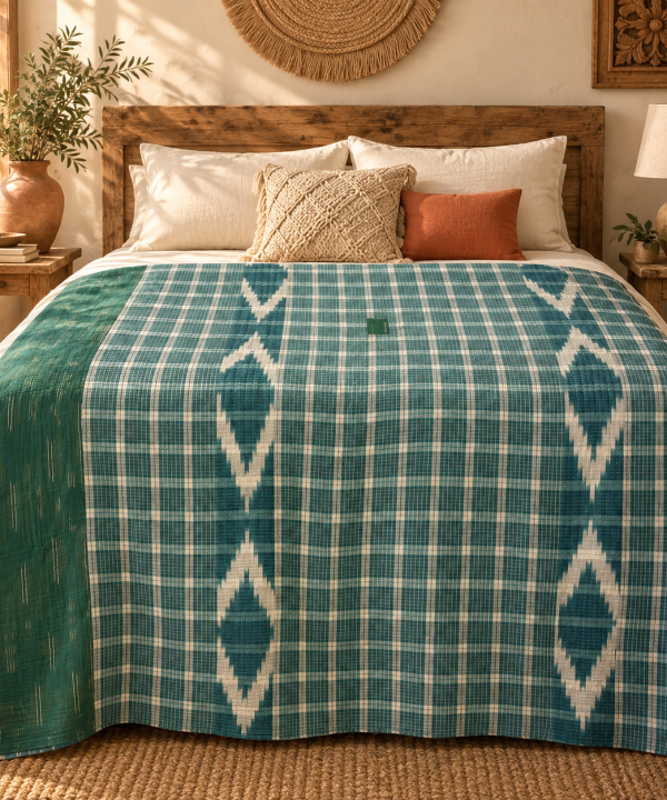 Alternative view of Vintage Green Plaid Kantha Quilt – Hand Stitched Cotton Indian Throw 60 x 90 Inches
