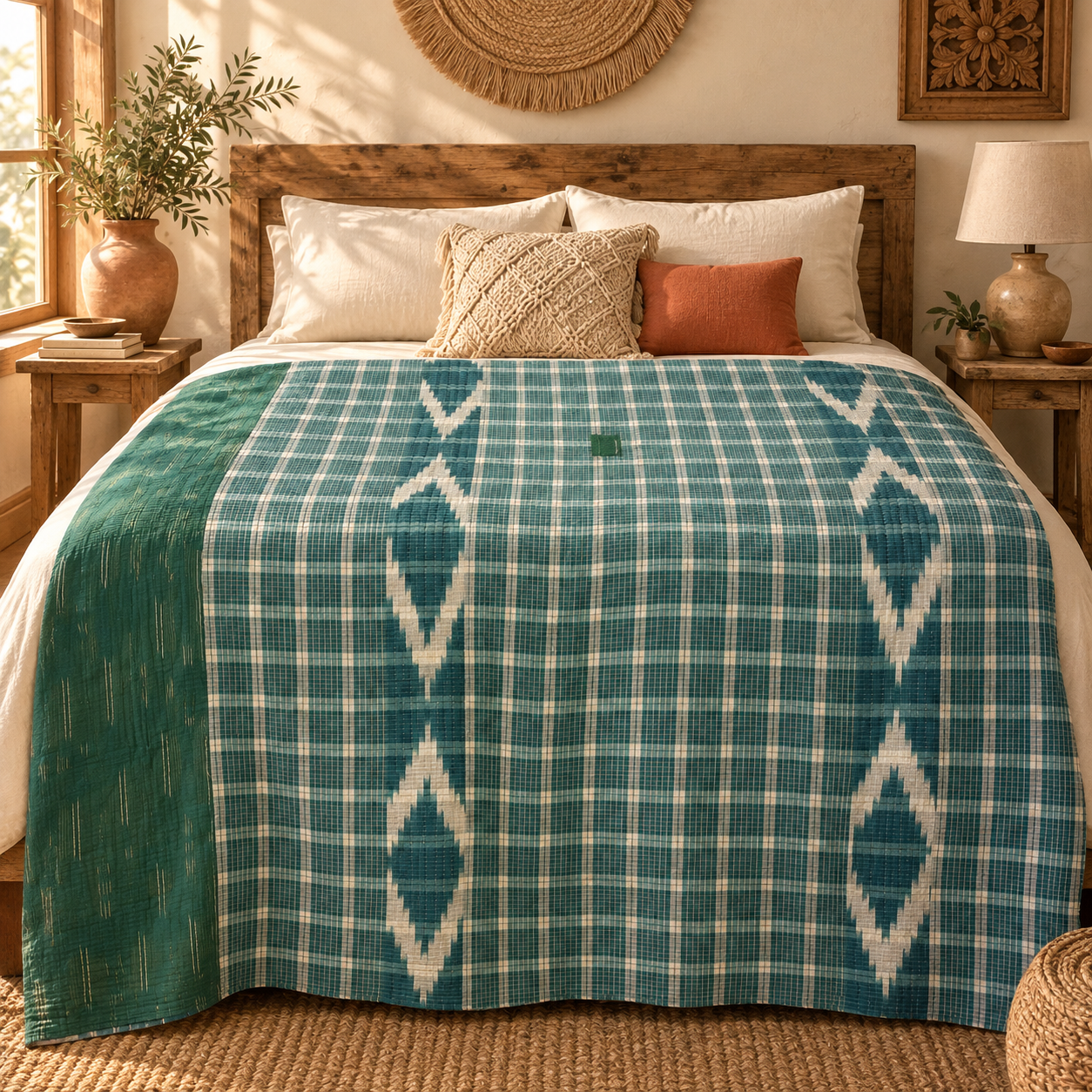 Vintage Green Plaid Kantha Quilt – Hand Stitched Cotton Indian Throw 60 x 90 Inches - Image 2