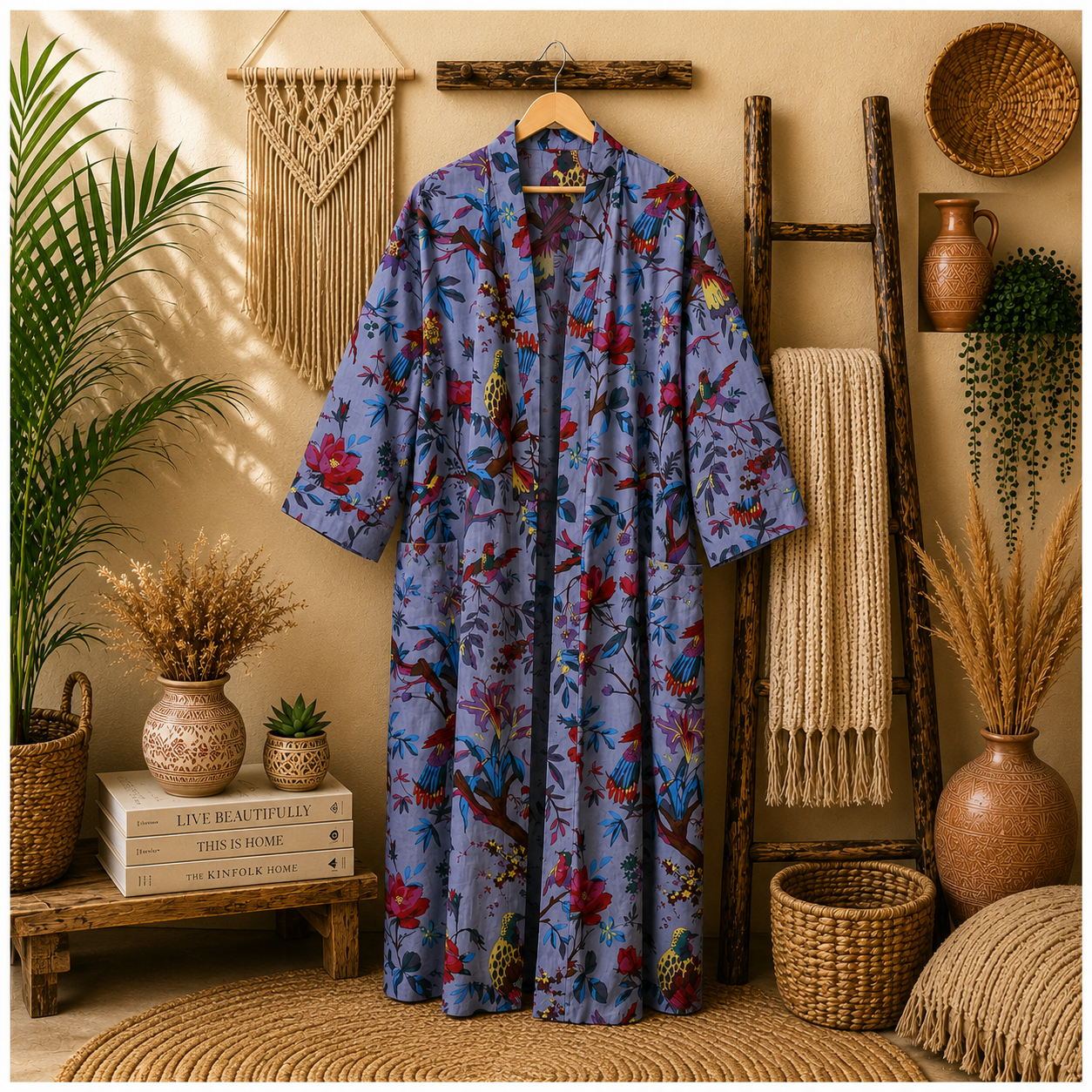 Lavender Blue Floral Bird Print Cotton Long Kimono Robe for Women – Boho Free Size Maxi Kimono with Pockets - Image 4