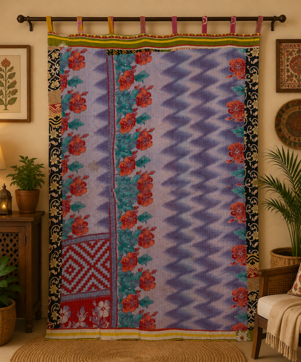 Alternative view of Purple Vintage Kantha Curtain – Handmade Cotton Patchwork Boho Indian Window Door Curtain – 1 Pc