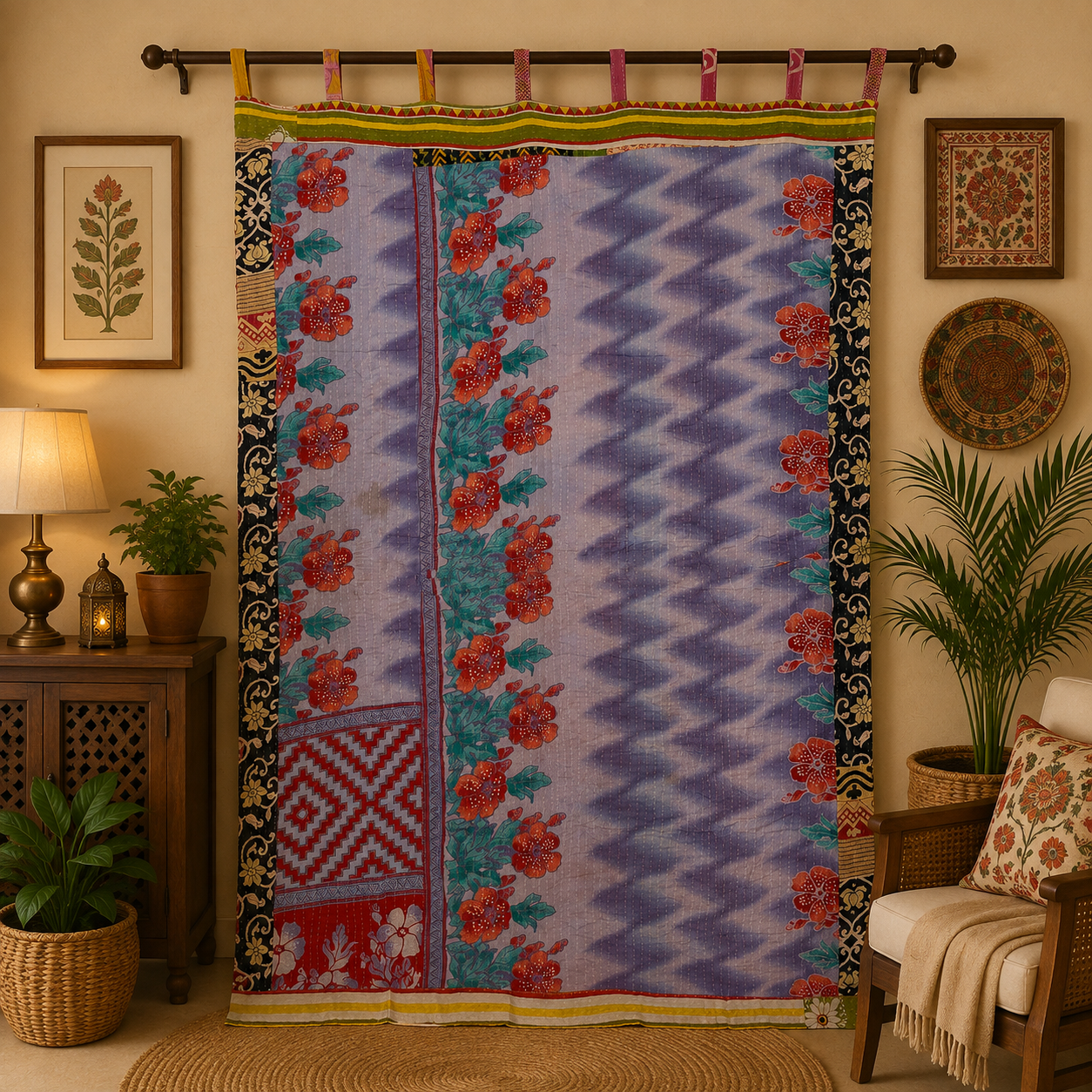 Purple Vintage Kantha Curtain – Handmade Cotton Patchwork Boho Indian Window Door Curtain – 1 Pc - Image 2