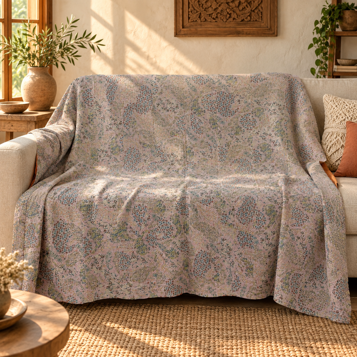 Vintage Pastel Floral Kantha Quilt 60x90 Inches – Hand Stitched Cotton Boho Bedspread Throw