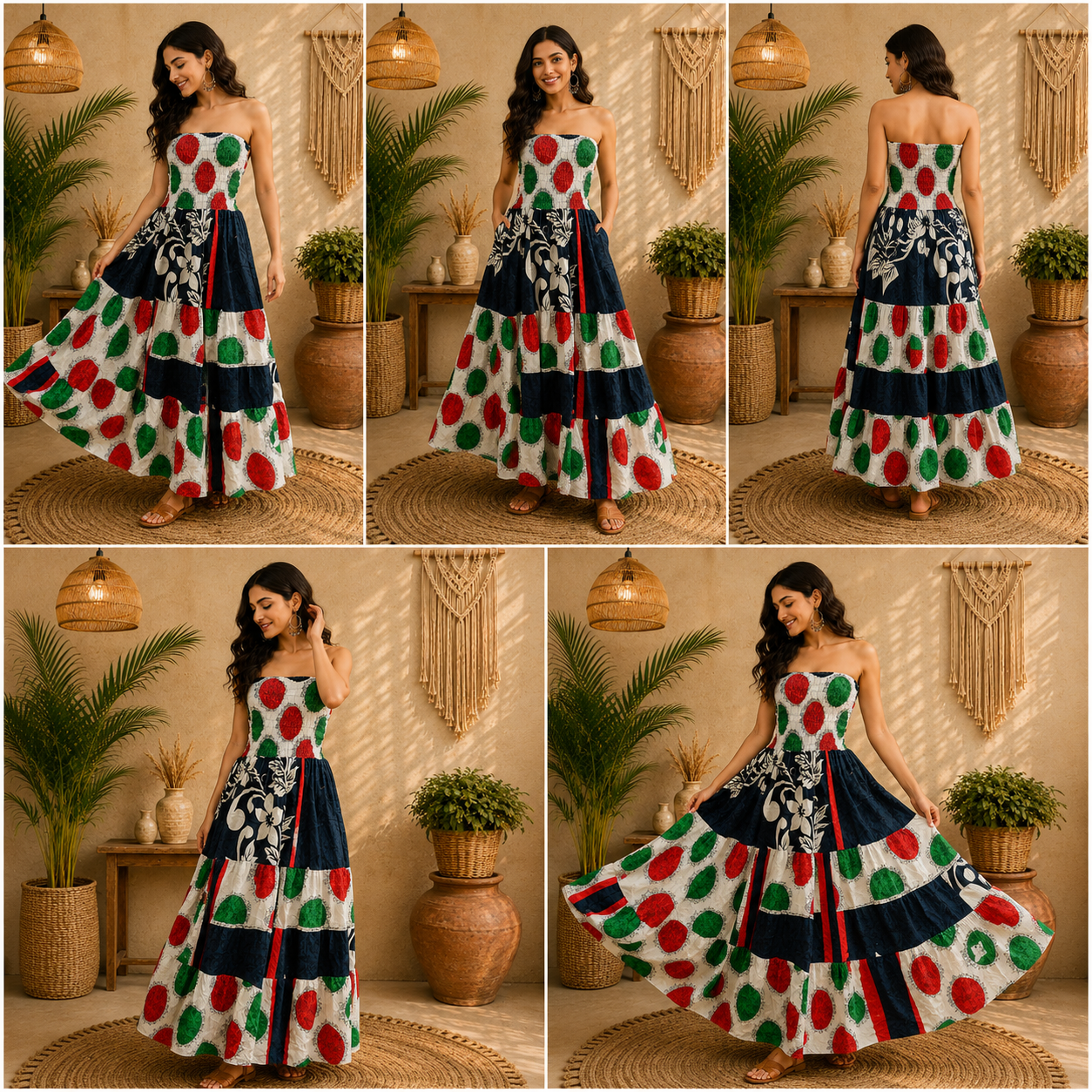 Black White Red & Green Patchwork Maxi Dress – Strapless Smocked Tiered Boho Summer Dress - Image 6