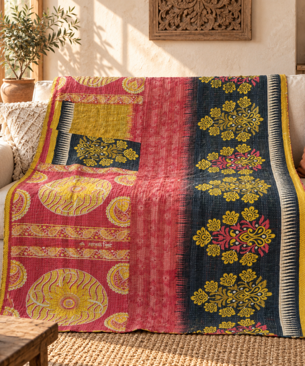 Vintage Red Navy Kantha Quilt – Hand Stitched Floral Cotton Throw 60 x 90 Inches