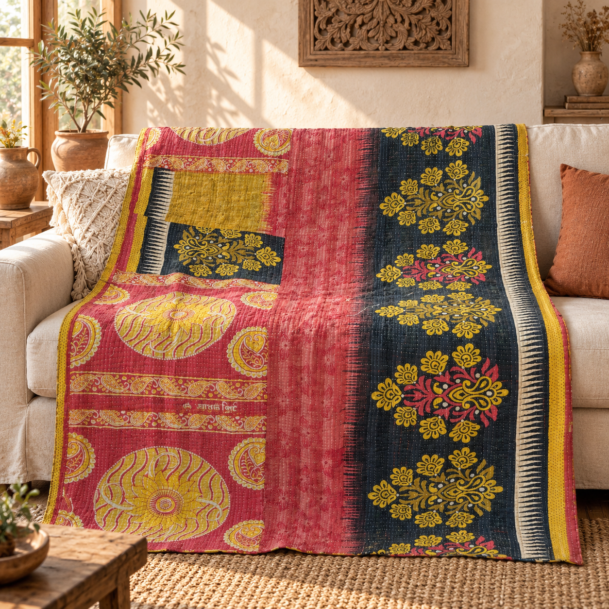 Vintage Red Navy Kantha Quilt – Hand Stitched Floral Cotton Throw 60 x 90 Inches
