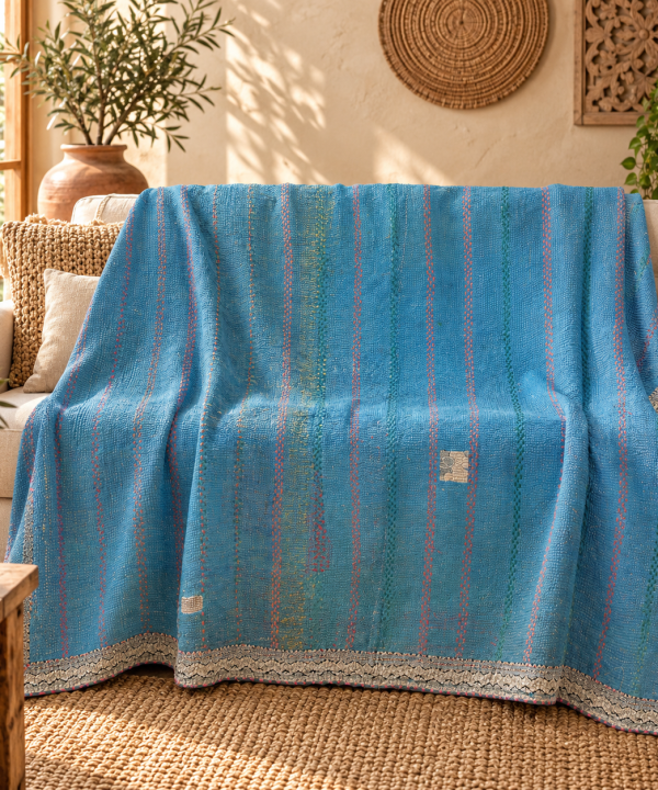 Sky Blue Vintage Kantha Quilt 60 x 90 Inches – Handmade Cotton Bedspread Throw – One of a Kind