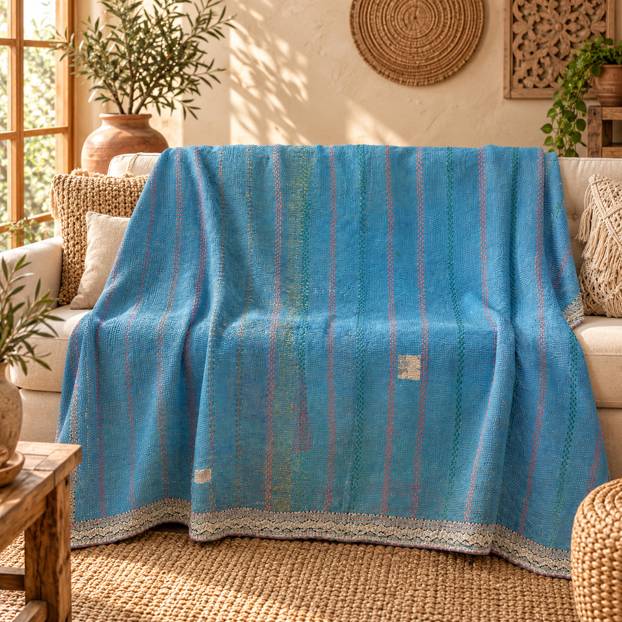 Sky Blue Vintage Kantha Quilt 60 x 90 Inches – Handmade Cotton Bedspread Throw – One of a Kind