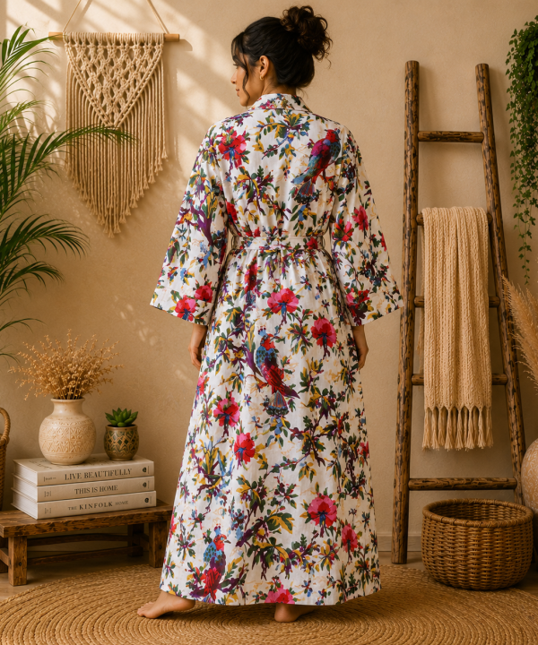 Alternative view of White Floral Bird Print Cotton Long Kimono Robe for Women – Boho Maxi Kimono, Free Size Belted Dressing Gown
