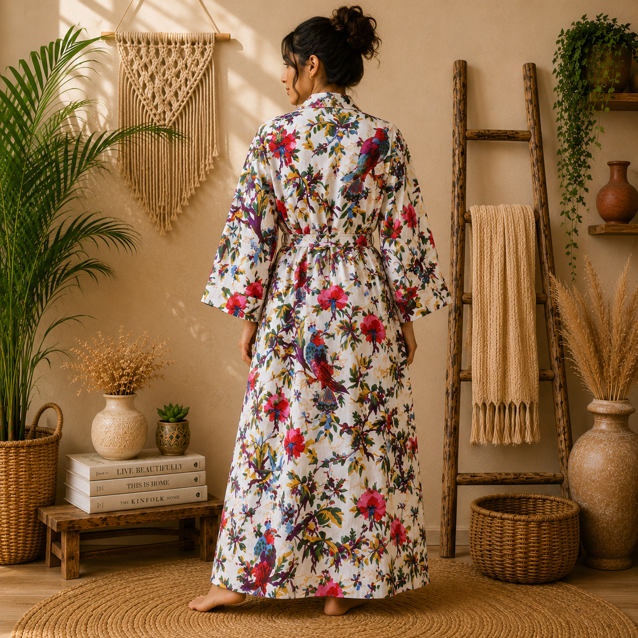 White Floral Bird Print Cotton Long Kimono Robe for Women – Boho Maxi Kimono, Free Size Belted Dressing Gown - Image 2