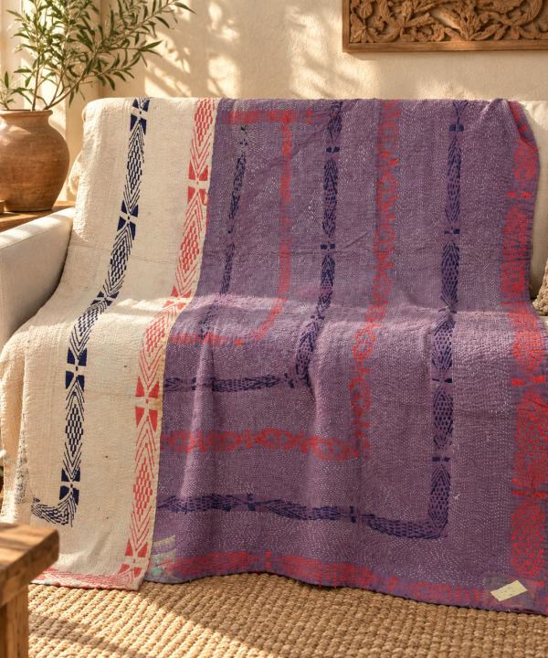 Vintage Purple & Ivory Kantha Quilt 60x90 Inches – Hand Stitched Cotton Boho Throw