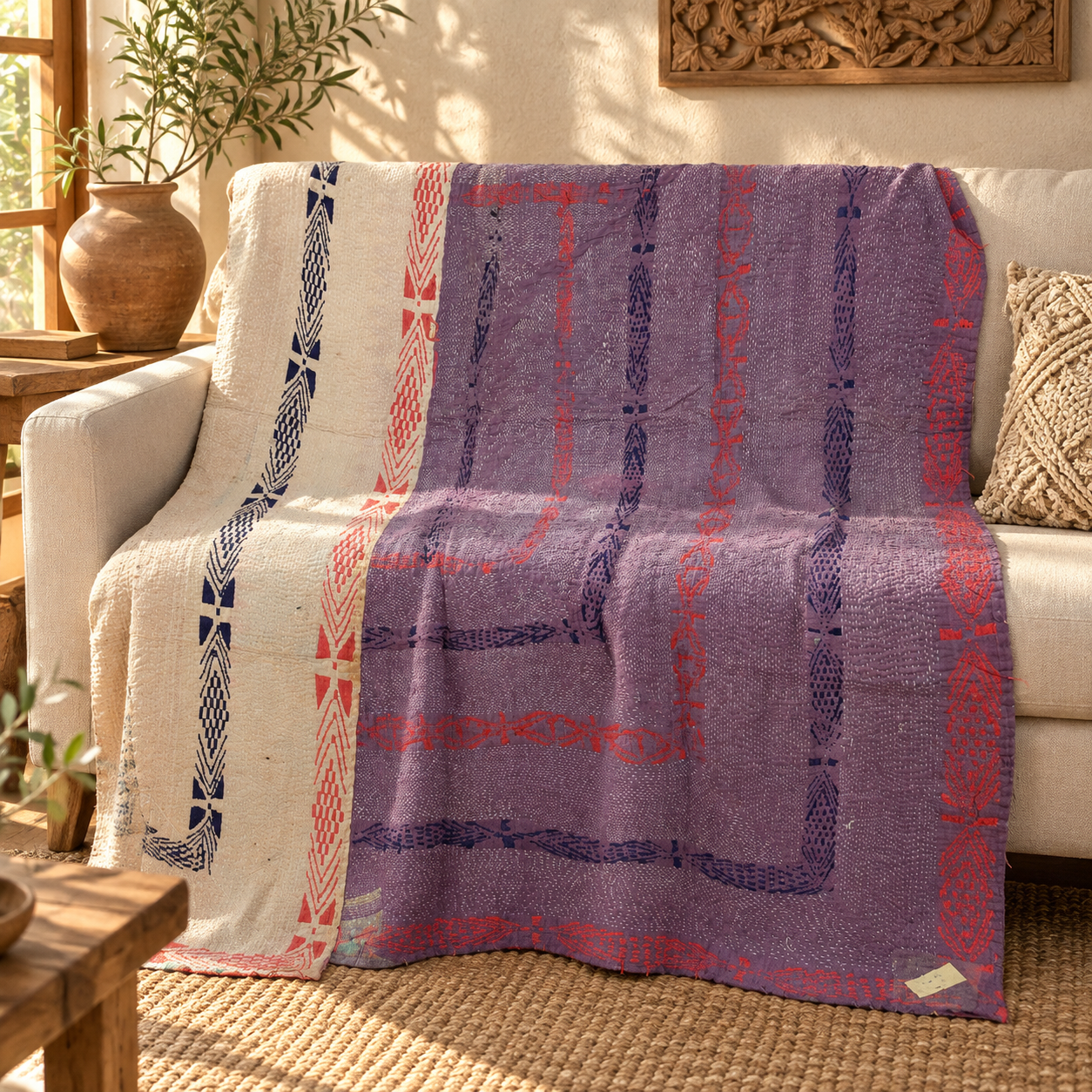 Vintage Purple & Ivory Kantha Quilt 60x90 Inches – Hand Stitched Cotton Boho Throw
