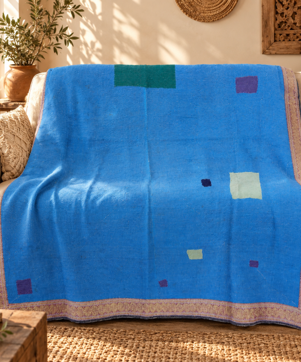Vintage Blue Check Kantha Quilt – Hand Stitched Cotton Bedspread Throw 60 x 90 Inches