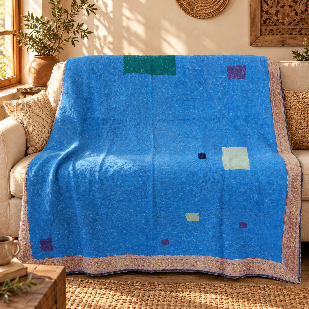 Vintage Blue Check Kantha Quilt – Hand Stitched Cotton Bedspread Throw 60 x 90 Inches