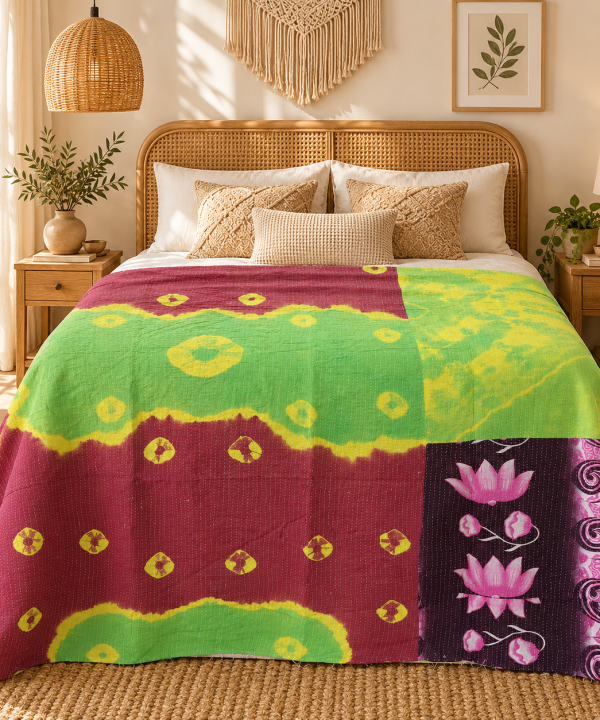 Alternative view of Vintage Kantha Quilt Handmade Recycled Sari Bedspread – Green Burgundy Pink Floral Boho Throw