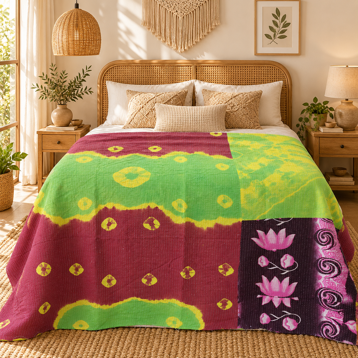 Vintage Kantha Quilt Handmade Recycled Sari Bedspread – Green Burgundy Pink Floral Boho Throw - Image 2