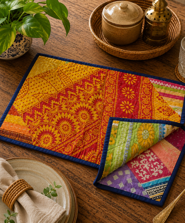 Indian Kantha Quilt Placemat - Set of 2 -Assorted