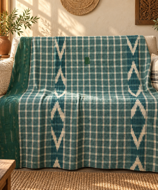 Vintage Green Plaid Kantha Quilt – Hand Stitched Cotton Indian Throw 60 x 90 Inches