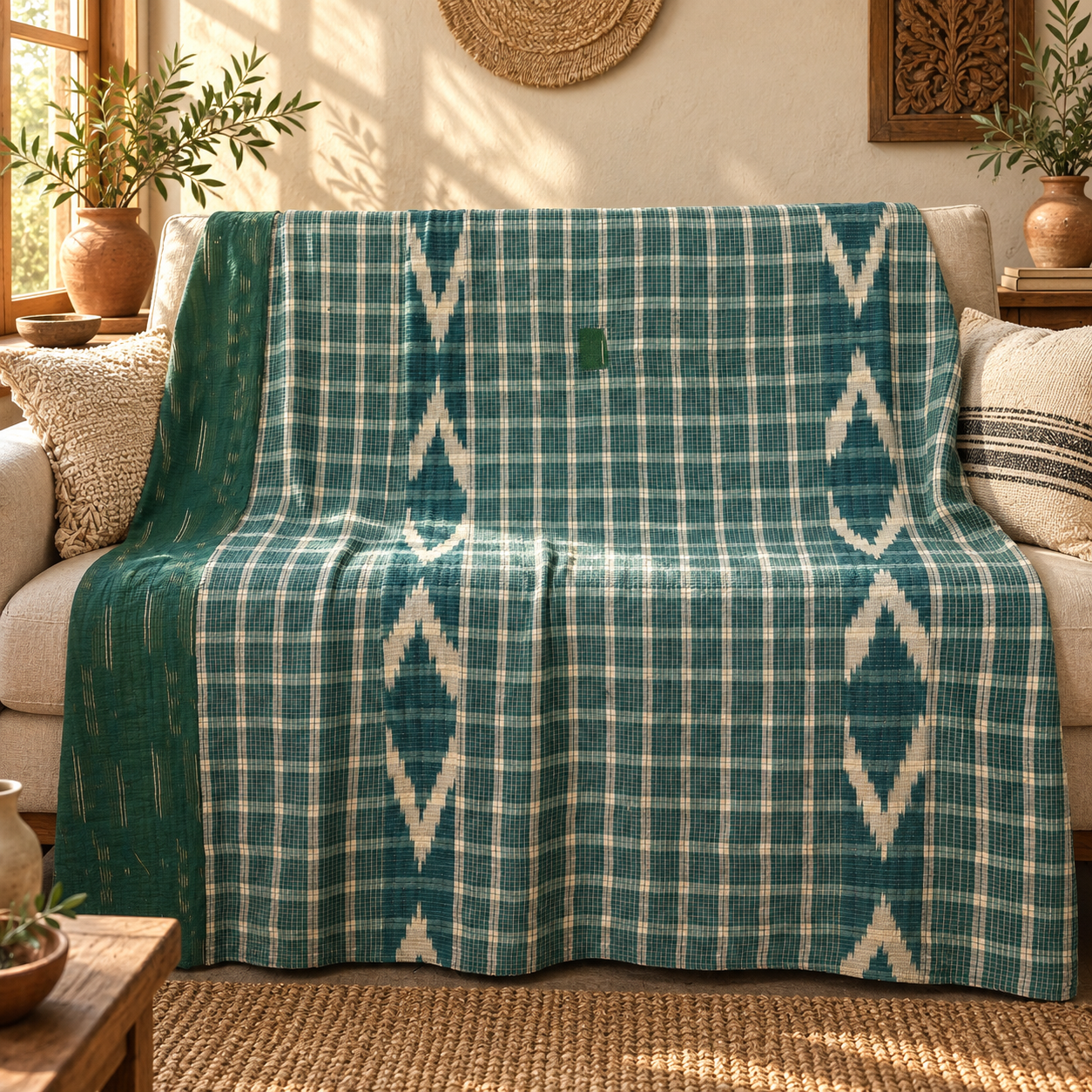 Vintage Green Plaid Kantha Quilt – Hand Stitched Cotton Indian Throw 60 x 90 Inches