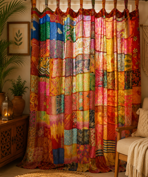 Vintage Kantha Patchwork Curtain – Handmade Multicolor Cotton Boho Window Door Curtain – 1 Pc