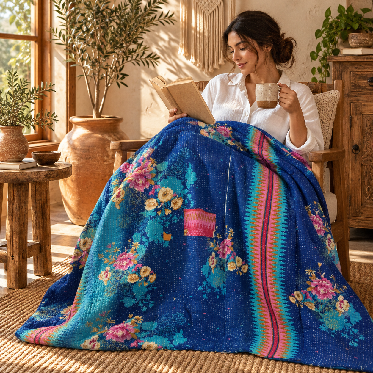 Vintage Blue Kantha Quilt – Handmade Floral Recycled Sari Bedspread, Reversible Indian Boho Throw Blanket - Image 3