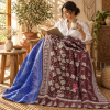 Vintage Handmade Kantha Quilt – Blue & Burgundy Floral Recycled Sari Bed Throw | Reversible Indian Kantha Blanket - Image 3