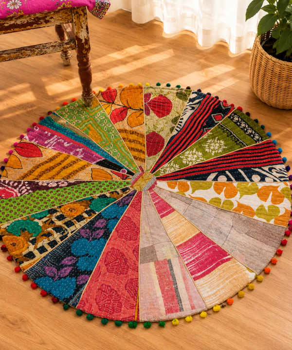 Multicolor Vintage Kantha Round Floor Cushion Cover – Handmade Patchwork Boho Pouf Cover with Pom Pom Trim