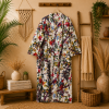 White Floral Bird Print Cotton Long Kimono Robe for Women – Boho Maxi Kimono, Free Size Belted Dressing Gown - Image 4