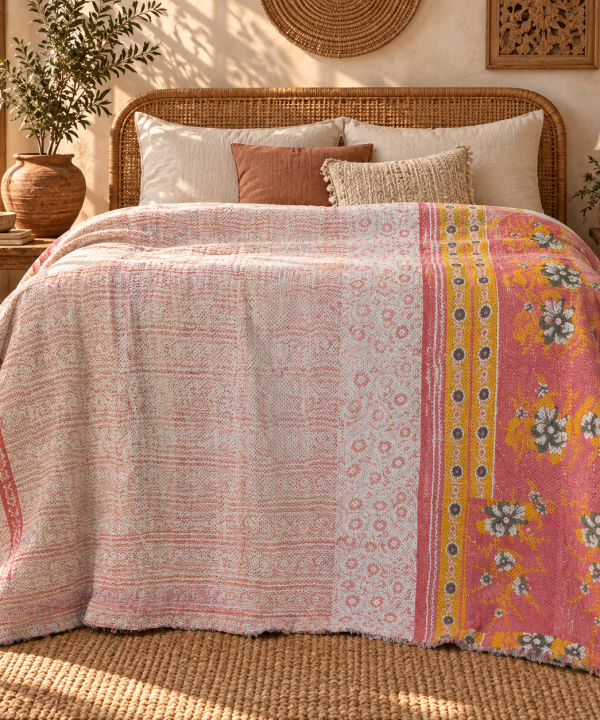 Alternative view of Blush Pink Vintage Kantha Quilt 60 x 90 Inches – Floral Handmade Cotton Bedspread – One of a Kind
