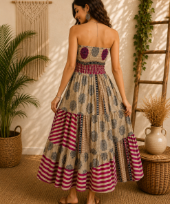 Alternative view of Beige Magenta & Black Patchwork Maxi Dress – Strapless Smocked Tiered Boho Printed Summer Dress