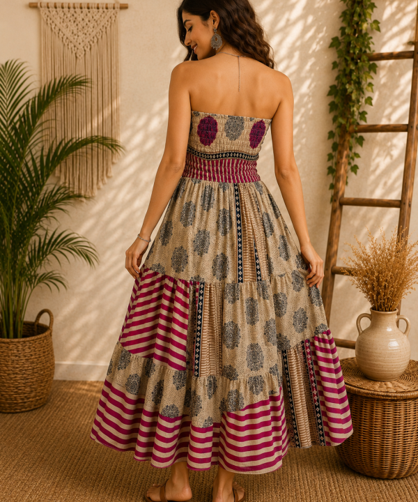 Alternative view of Beige Magenta & Black Patchwork Maxi Dress – Strapless Smocked Tiered Boho Printed Summer Dress