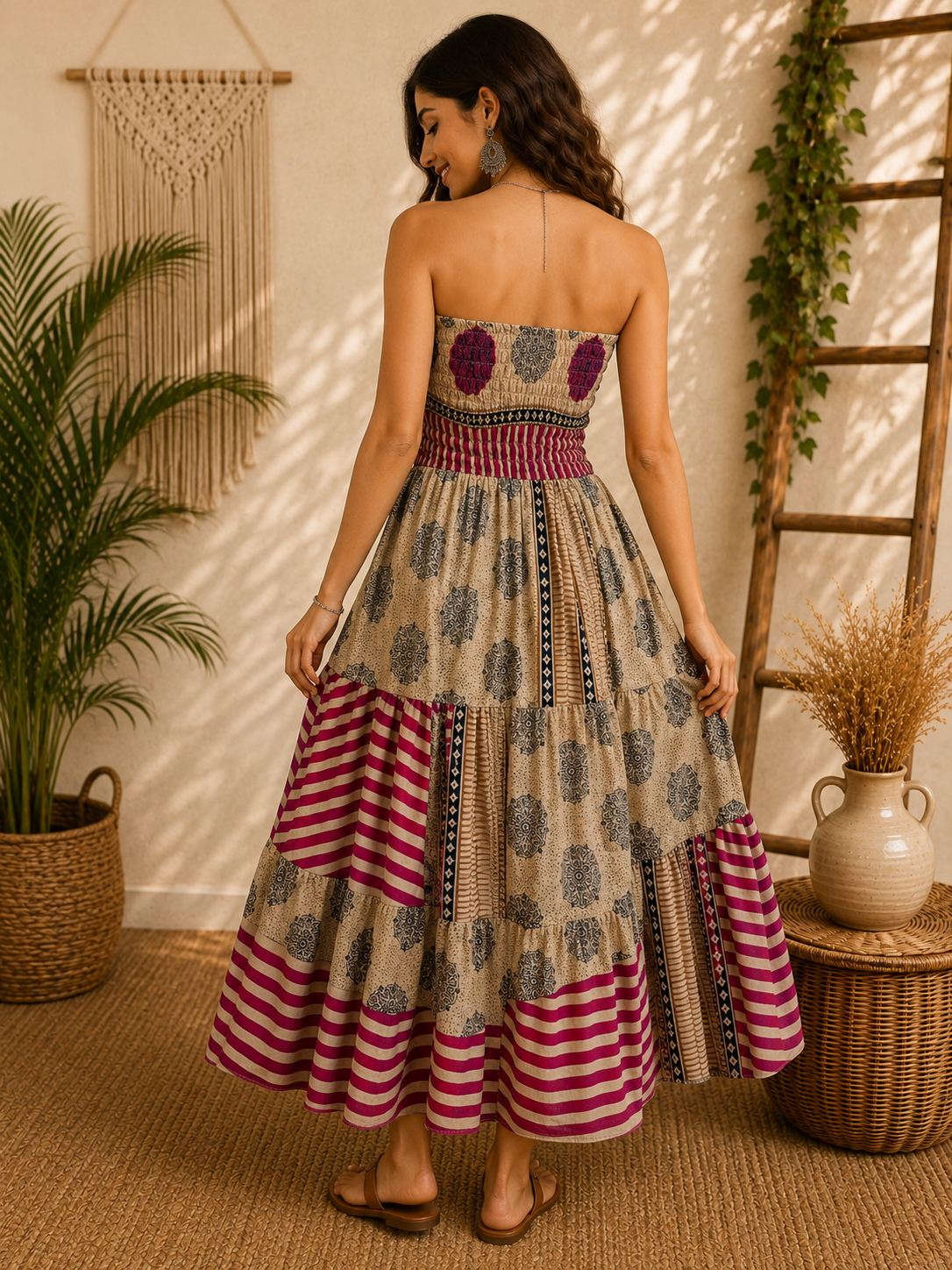 Beige Magenta & Black Patchwork Maxi Dress – Strapless Smocked Tiered Boho Printed Summer Dress - Image 2