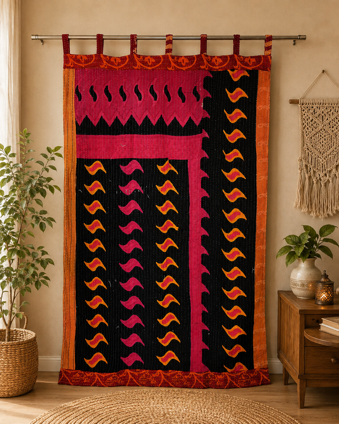 Black Vintage Kantha Curtain – Handmade Cotton Patchwork Boho Indian Window Door Curtain – 1 Pc - Image 5