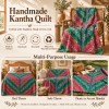 Vintage Handmade Kantha Quilt Green & Pink Floral Recycled Sari Cotton Boho Throw Blanket - Image 4