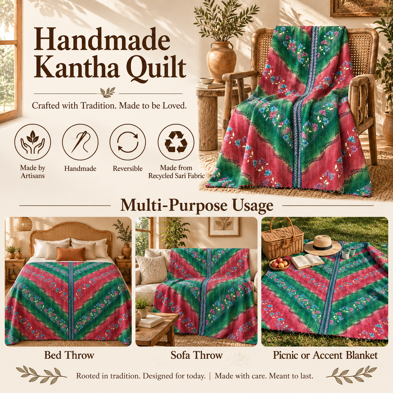 Vintage Handmade Kantha Quilt Green & Pink Floral Recycled Sari Cotton Boho Throw Blanket - Image 4