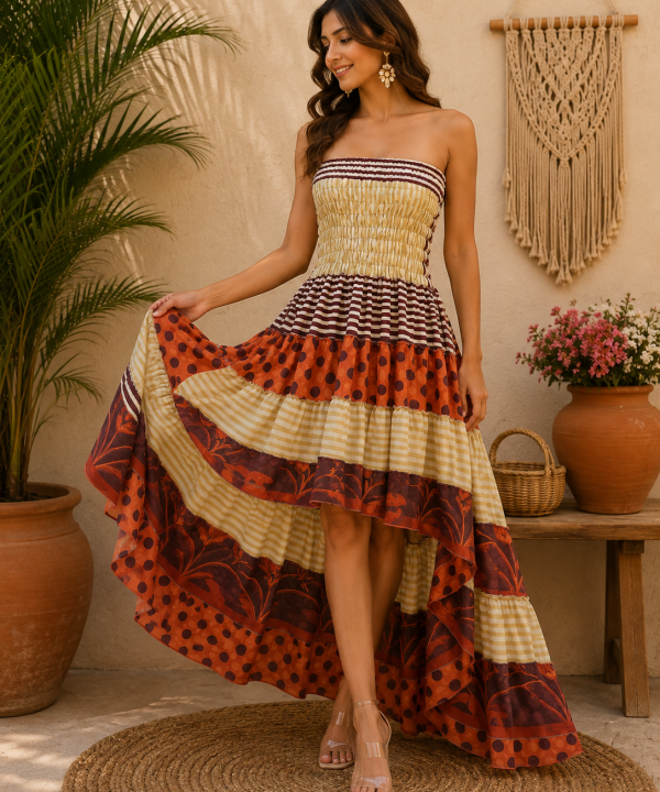 Boho Patchwork Tiered Maxi Dress – Strapless Smocked Vintage Sari Dress, Multicolor Summer Festival Dress