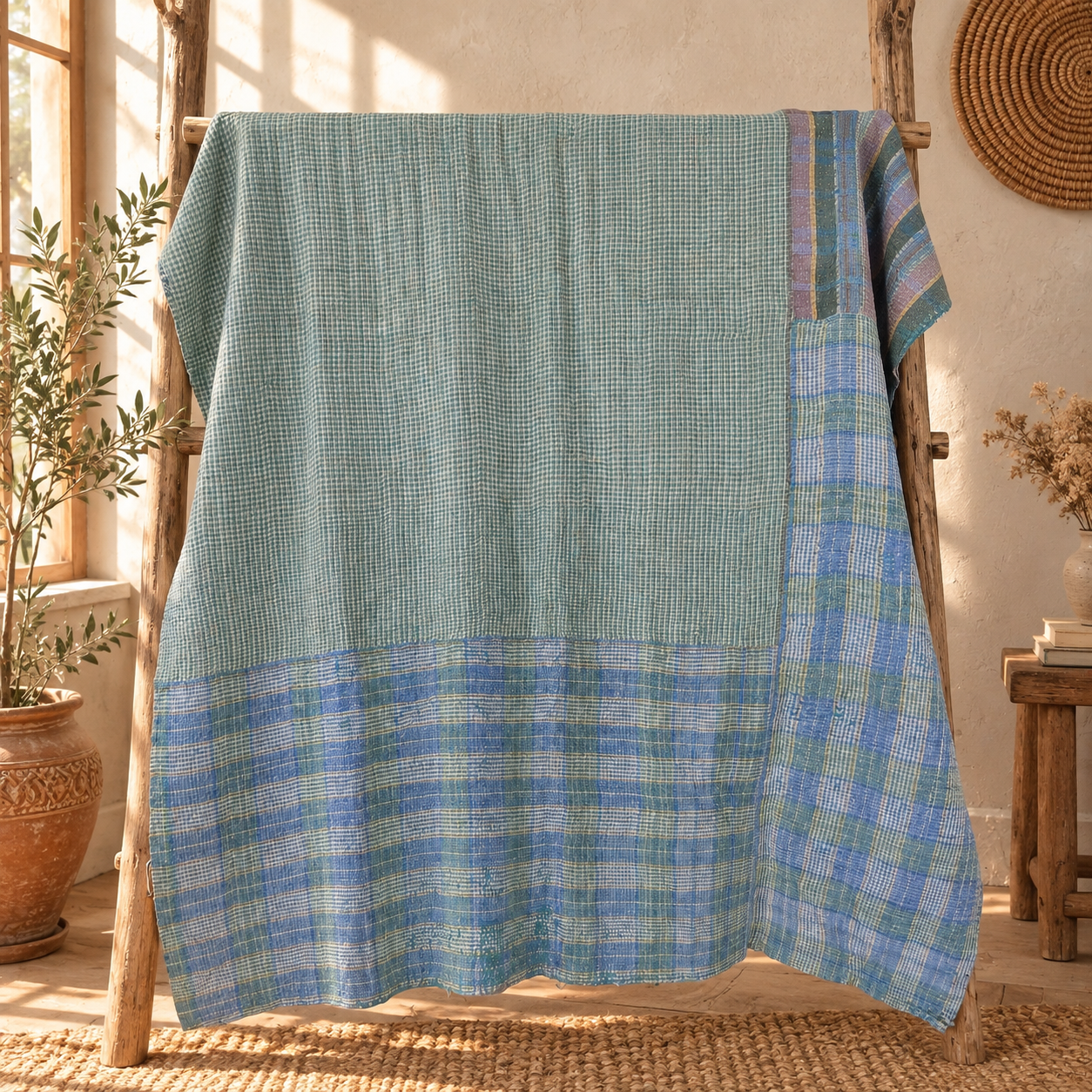 Vintage Kantha Quilt 60x90 Inches – Purple Teal Hand Stitched Cotton Patchwork Bedspread - Image 5